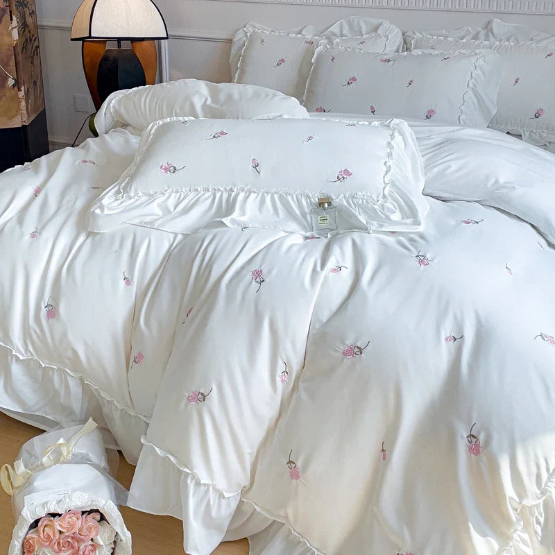 Afralia™ Korean Princess Rose Flowers Lace Ruffles Bedding Set - Soft Cotton Duvet Cover