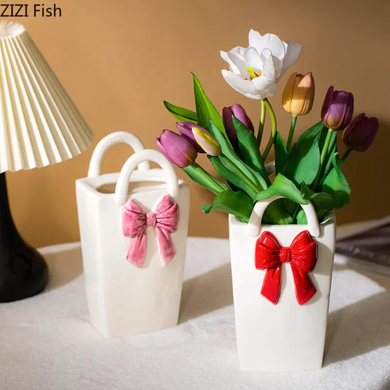 Afralia™ Bowknot Ceramic Vase Handbag Decor Table Flower Room Decor