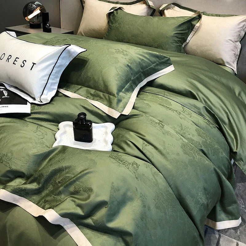 Afralia™ Luxury Egyptian Cotton Satin Jacquard Bedding Set with Ink Painting Design