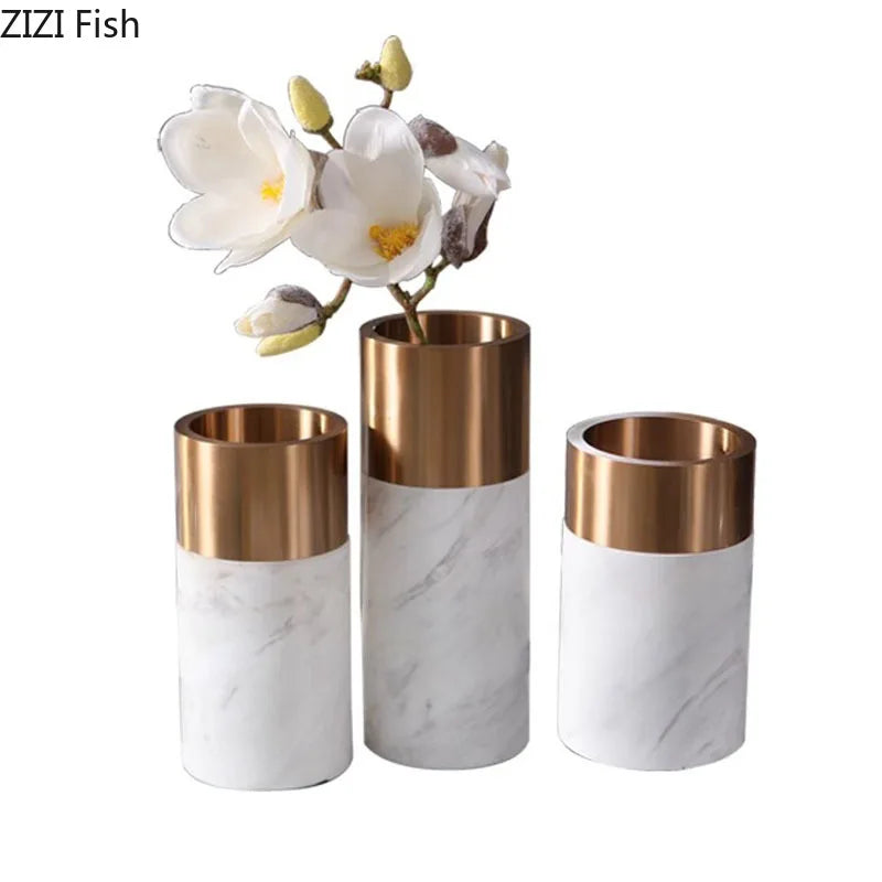 Marble Cylinder Vase by Afralia™ - Gold-plated Ceramic Desk Decor