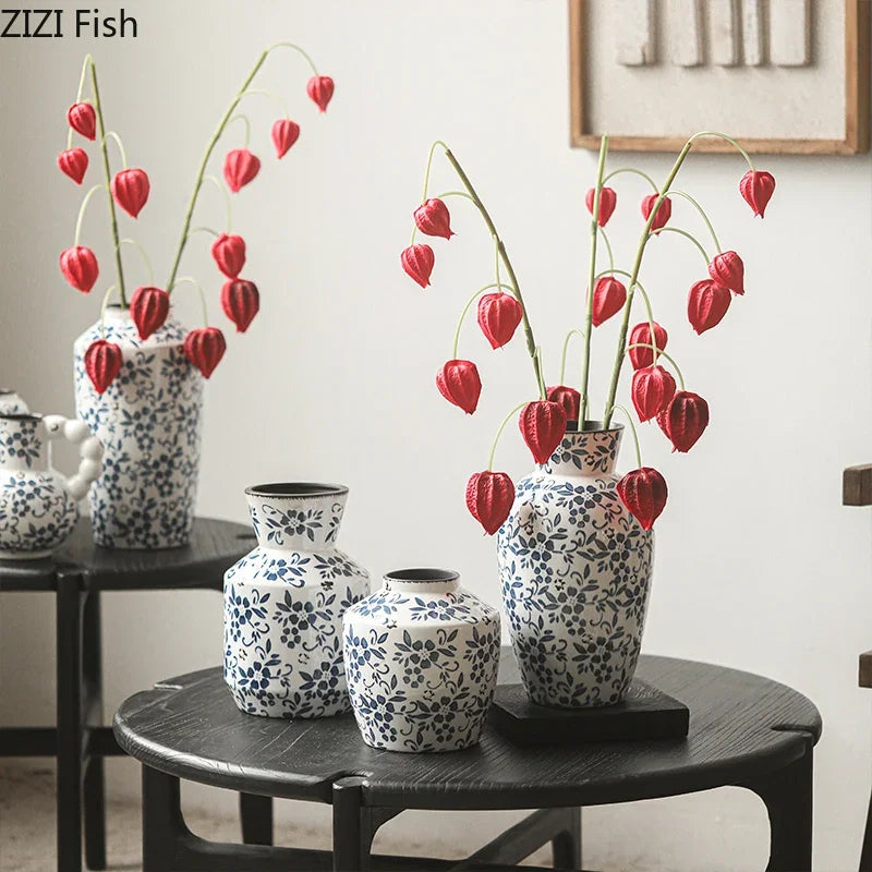 Afralia™ Blue White Porcelain Vase Hydroponic Ceramic Flower Pot Room Decor
