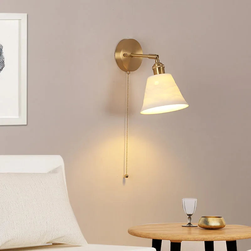 Afralia™ Copper LED Wall Light Pull Chain Switch Modern Ceramic Bedside Lamp