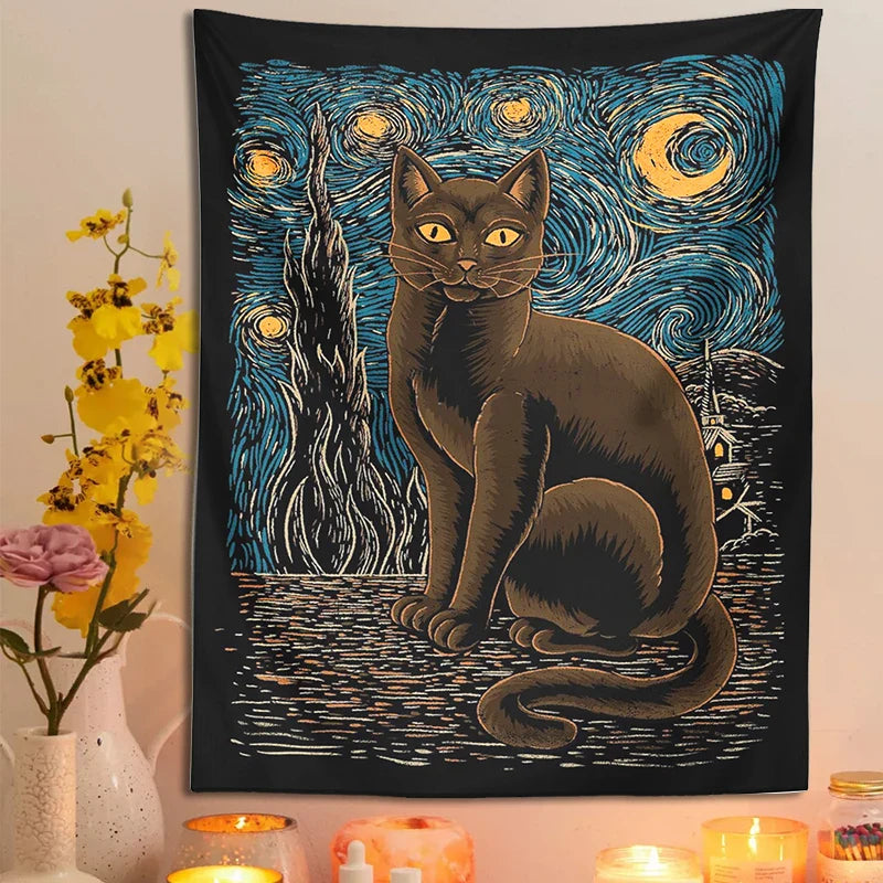 Afralia™ Starry Night Cat Tapestry: Van Gogh Inspired Mysterious Wall Decor