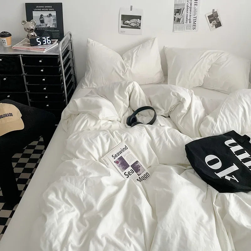 Afralia™ Washed Cotton Bed Set - Soft & Breathable 4-Piece Solid Color Duvet Cover Bed Sheet