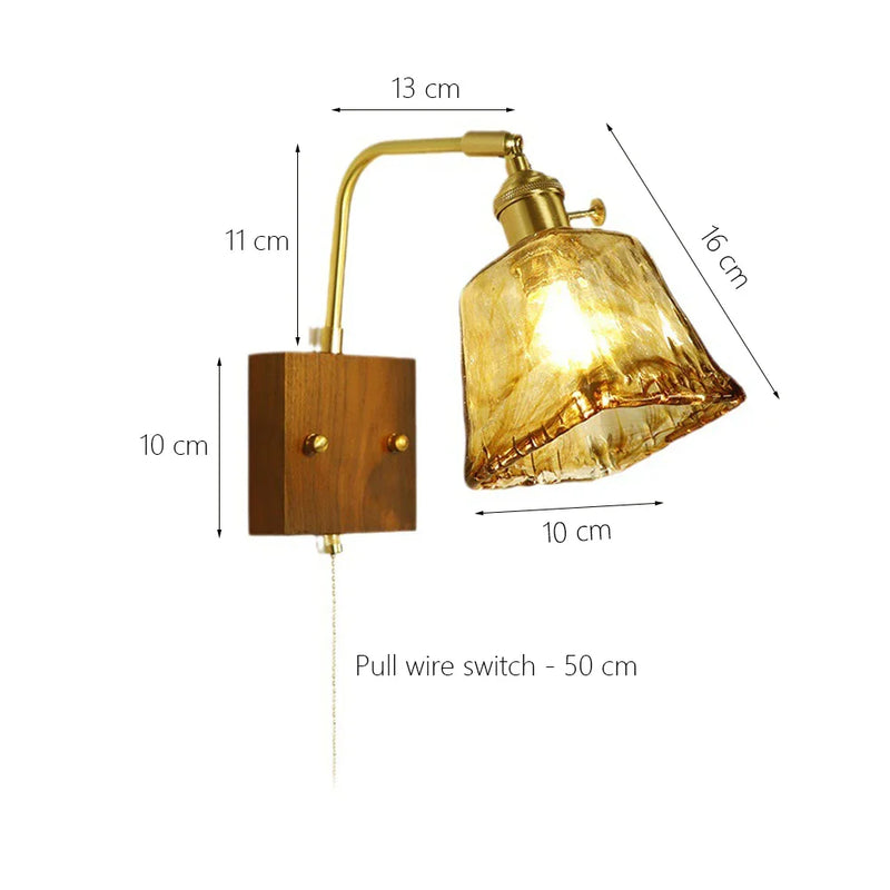 Afralia™ Wooden Brass Glass Wall Lamp Modern Bedroom Bedside Light