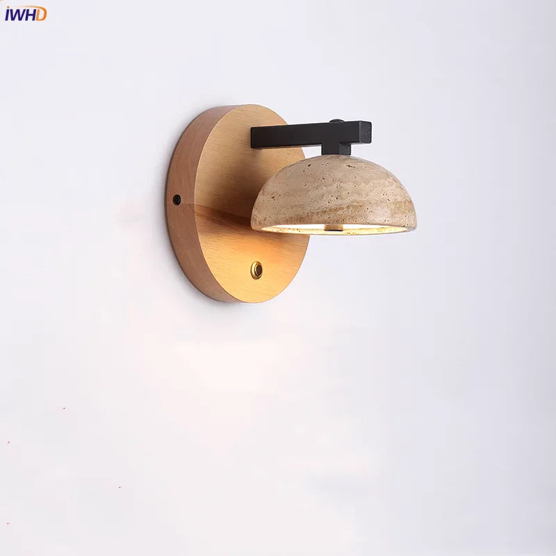 Afralia™ Black Iron LED Wall Light Fixture Coffee Nordic Wood Switch Bedside Lamp