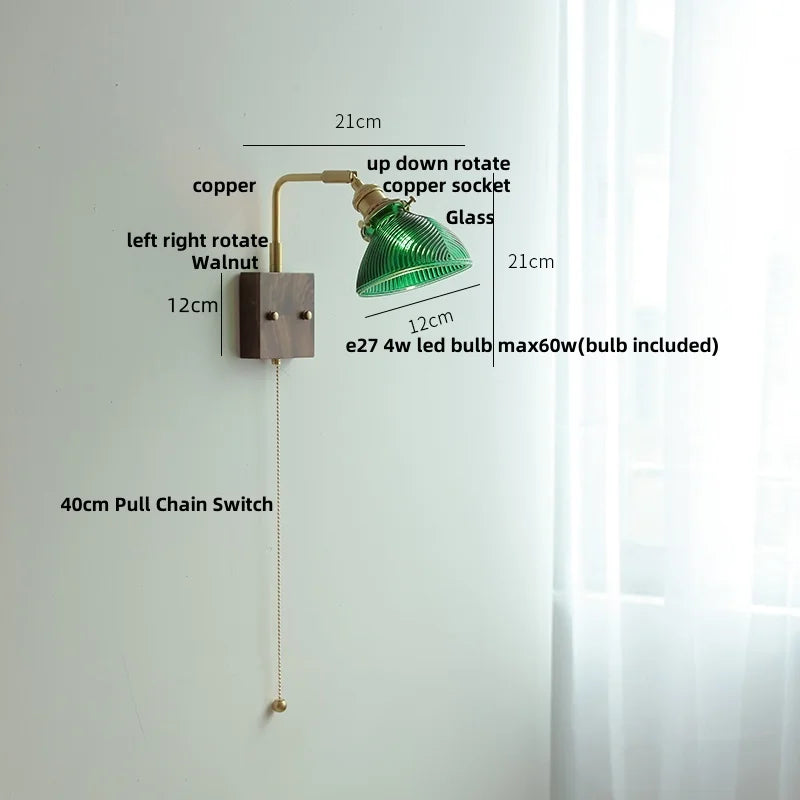 Afralia™ Walnut Wood LED Wall Sconce with Glass Shade & Pull Chain Switch