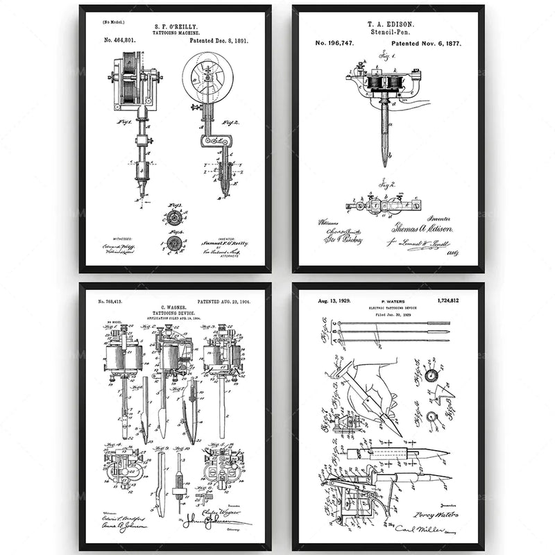 Afralia™ Tattoo Machine Patent Print, Studio Wall Art Blueprint Poster Decoration