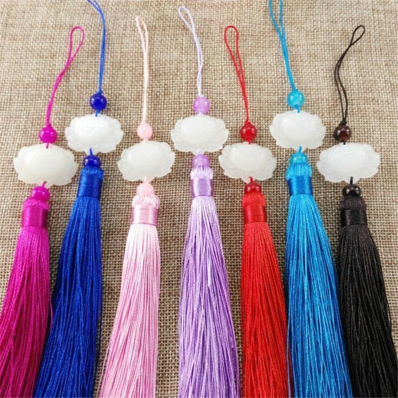 Afralia™ Colorful Brush Tassel White Jade Lotus Hanging Ears Decorative Pendant