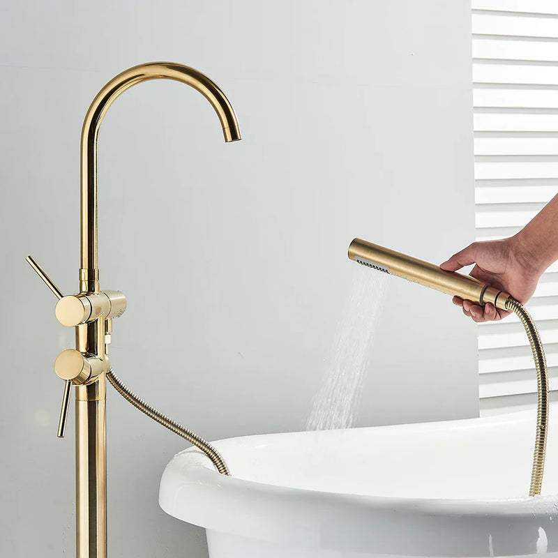 Afralia™ Brushed Gold Freestanding Bathtub Shower Mixer with Handshower