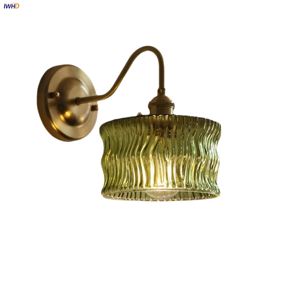 Afralia™ Green Glass LED Wall Light with Copper Knob Switch for Modern Home Décor