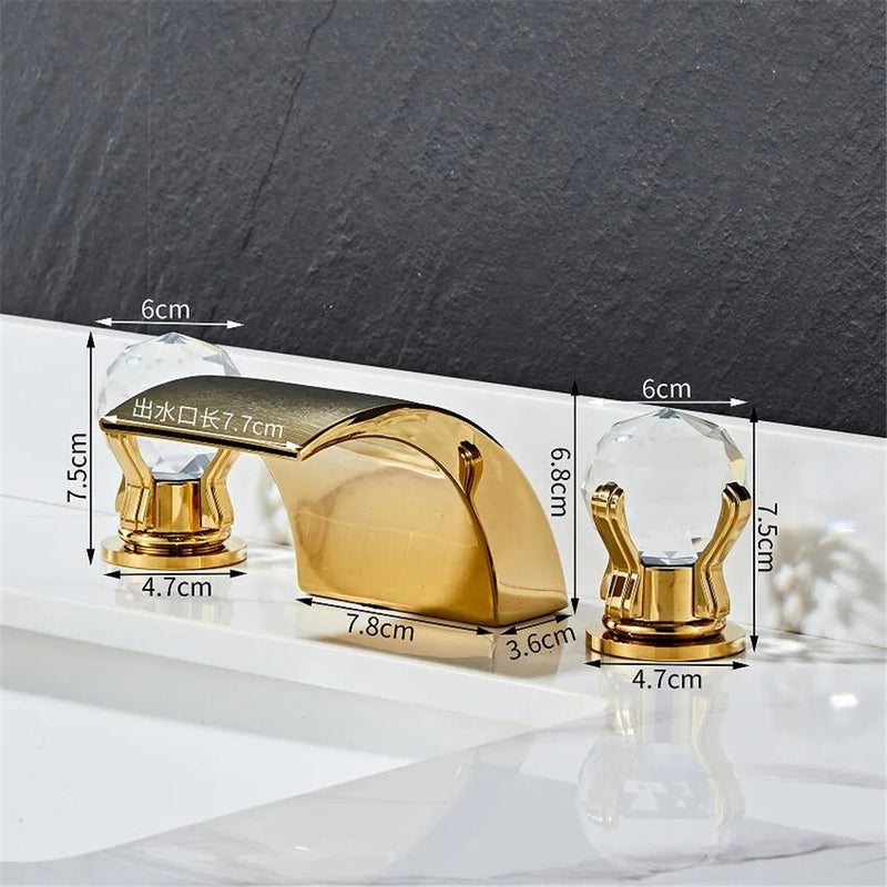 Afralia™ Black Basin Faucet: Brass Gold Crystal Sink Faucet, 3 Hole Waterfall Tap