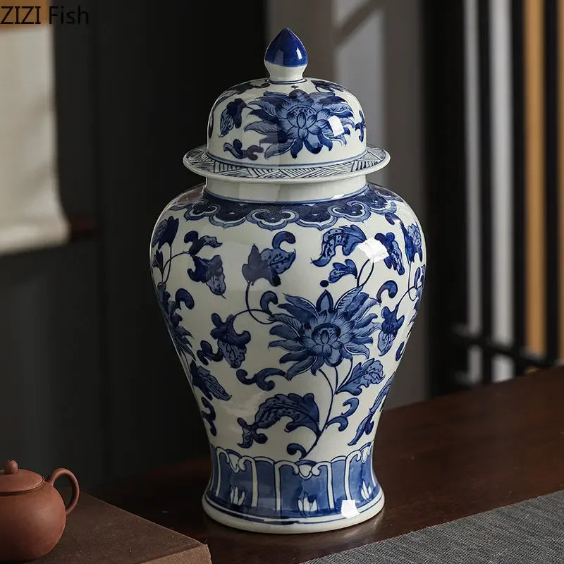 Afralia™ Blue White Porcelain Bird Flower Jar Tea Canister Vase Desk Decor
