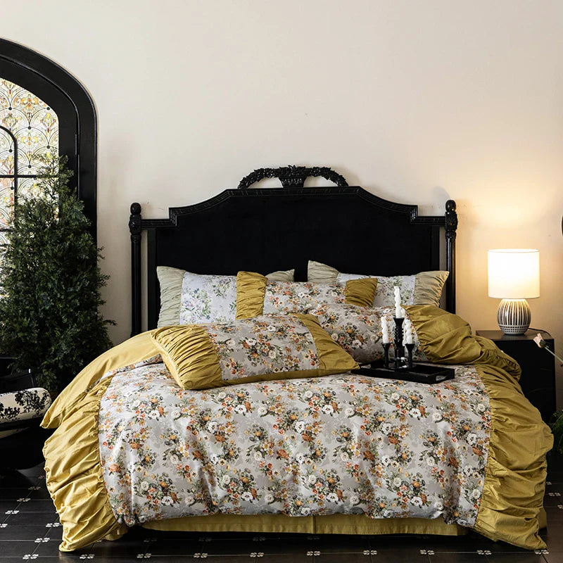 Afralia™ Vintage Rose Print Ruffles Bedding Set: 800TC Egyptian Cotton, Duvet Cover, Sheet, Pillowcases