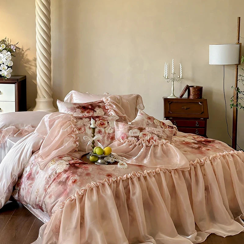 Afralia™ Romantic Rose Organza Lace Ruffles Bedding Set with Soft Silky Feel