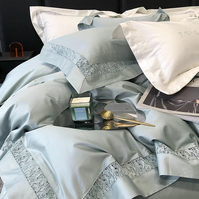 Afralia™ Grey Hollow Lace 1000TC Egyptian Cotton Bedding Set with Wide Edge