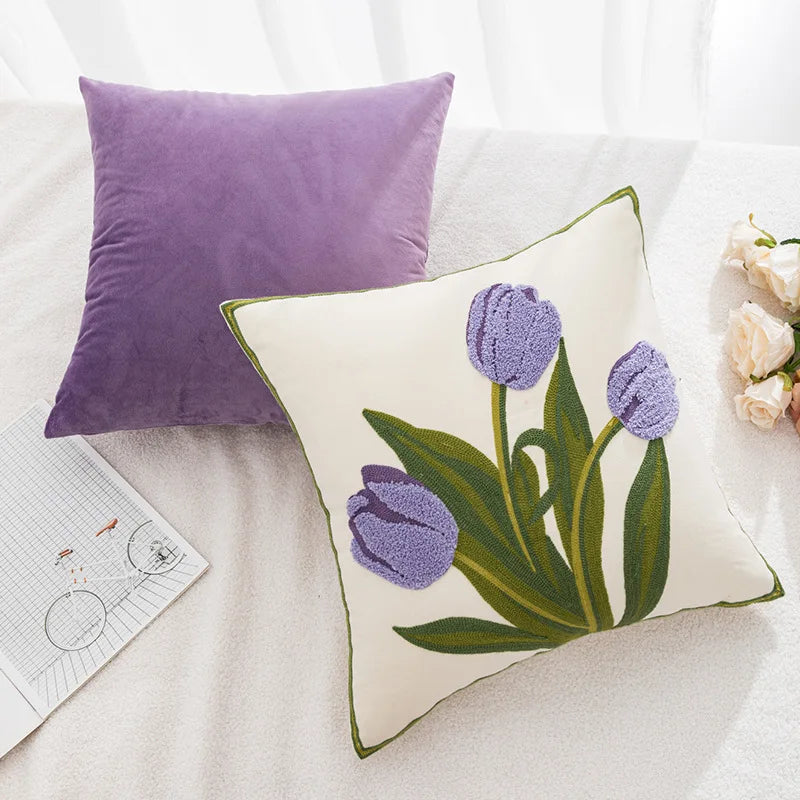 Afralia™ Pink Flower Embroidery Decorative Pillow Cover for Home Sofa Decor