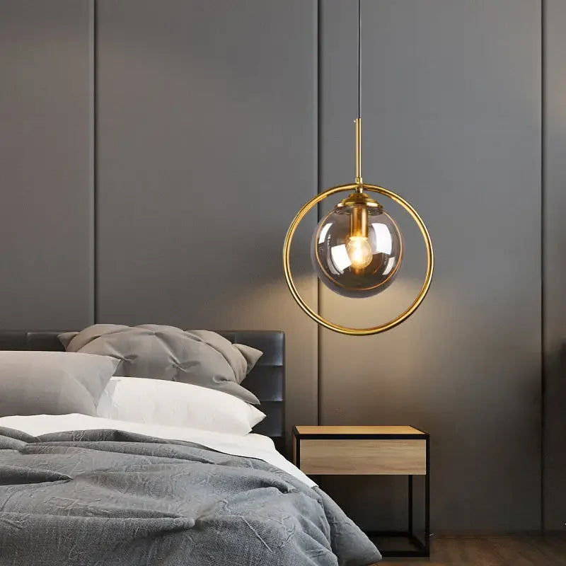 Afralia™ Modern Golden Ring Glass Ball Pendant Light for Kitchen Dining Room Bedside