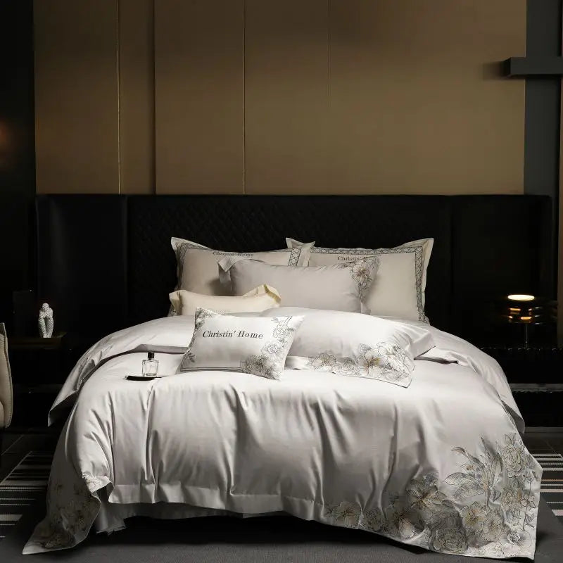 Afralia™ Luxe Embroidered Cotton Bedding Set: Duvet Cover, Pillowcases, Flat Sheet