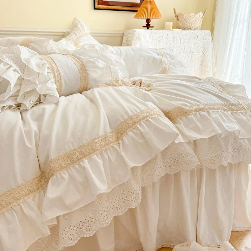 Afralia™ French Vintage Ruffles Embroidery Bedding Set, Cream White, 100% Cotton, Quilt Cover