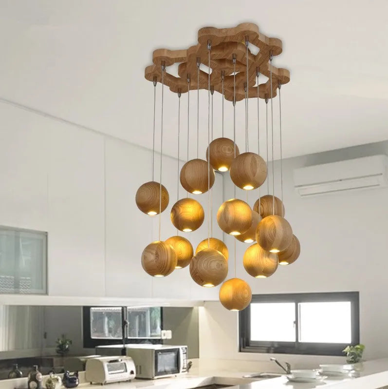 Afralia™ Wooden Ball LED Staircase Chandelier for Home & Hospitality