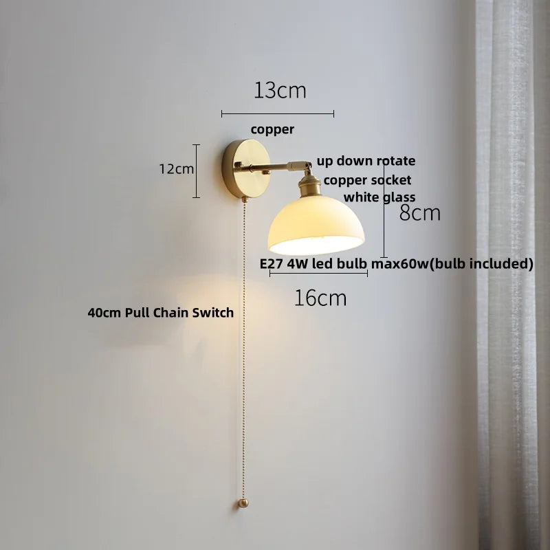 Afralia™ Glass LED Wall Sconce Pull Chain Switch Modern White Stair Light