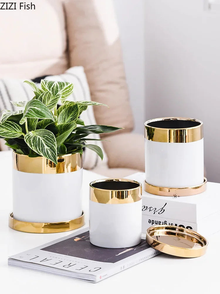 Afralia™ Luxury Emerald Ceramic Flowerpot with Gilded Border for Home and Office Decor