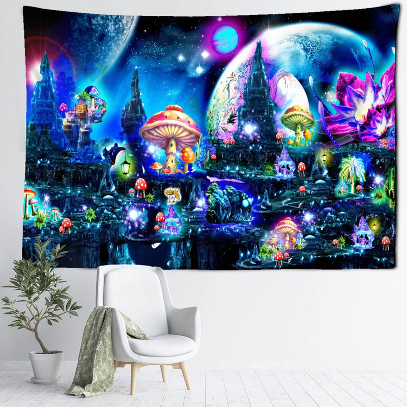 Afralia™ Mushroom Castle Tapestry Wall Hanging for Magical Home Decor