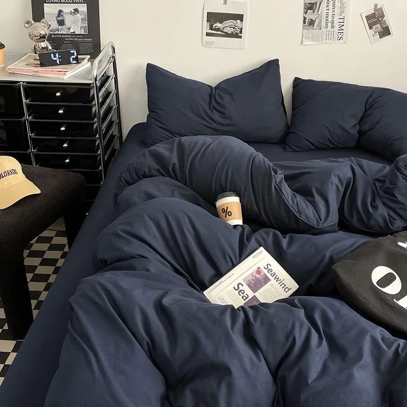 Afralia™ Washed Cotton Bed Set - Soft & Breathable 4-Piece Solid Color Duvet Cover Bed Sheet