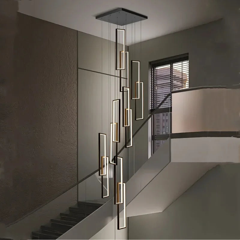 Afralia™ Nordic Black Rectangle LED Chandelier for Living Room, Dimmable Stairs Pendant Lighting