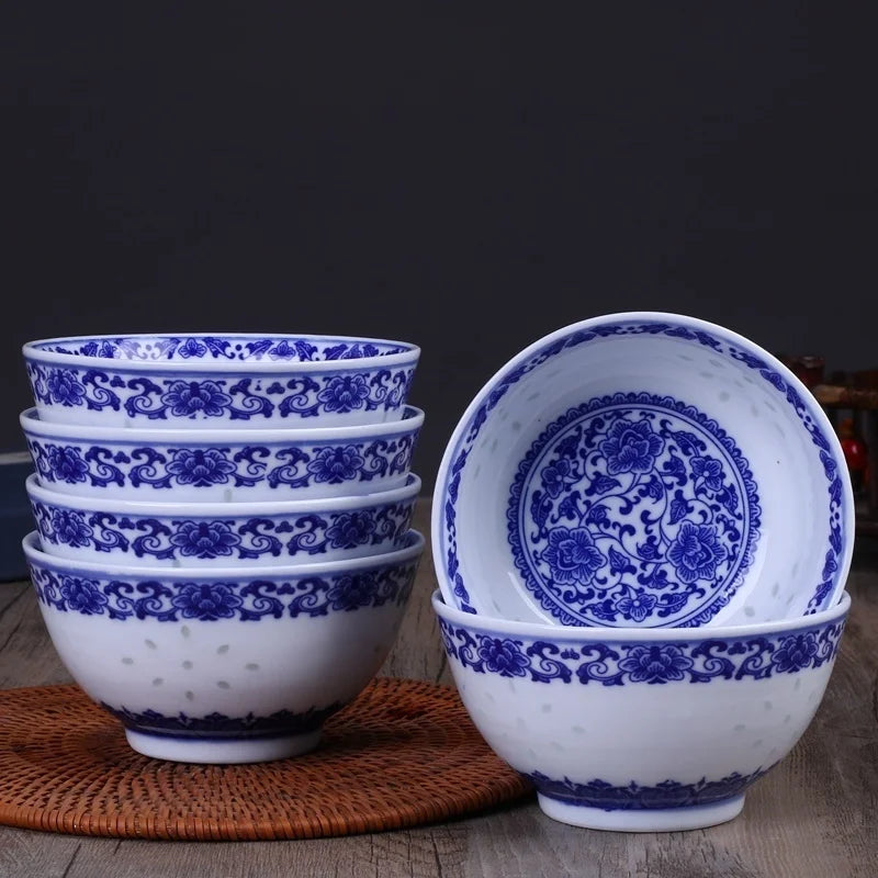 Afralia™ Blue And White Porcelain Dragon Rice Bowls Set