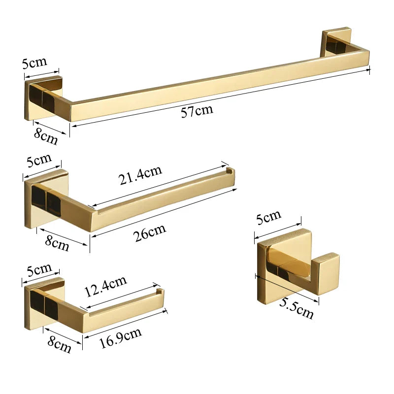 Afralia™ Polish Gold Stainless Steel Bathroom Accessories Set: Towel Bar, Paper Holder, Hook