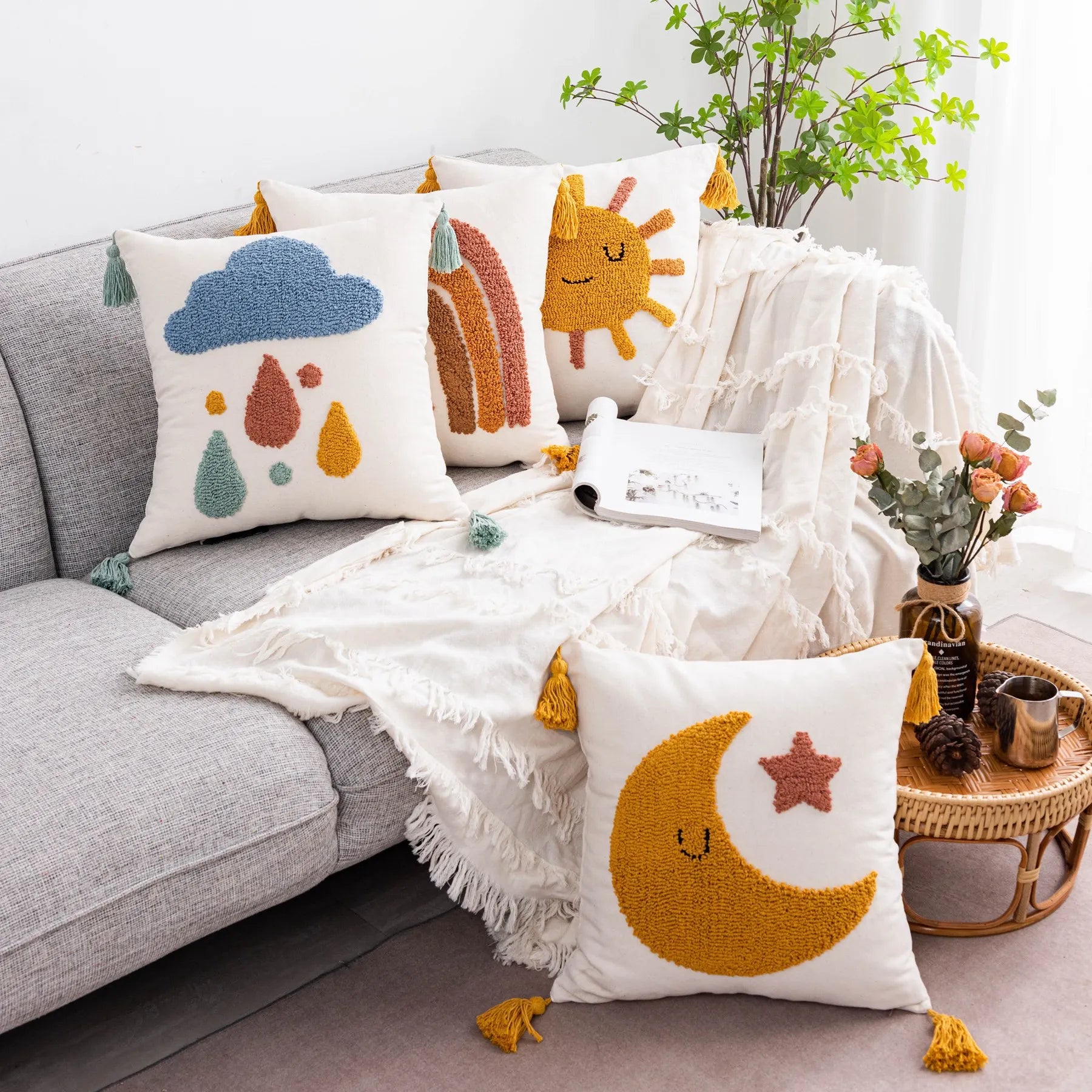 Afralia™ Boho Yellow Rainbow Star Moon Tassel Cushion Cover 45x45cm