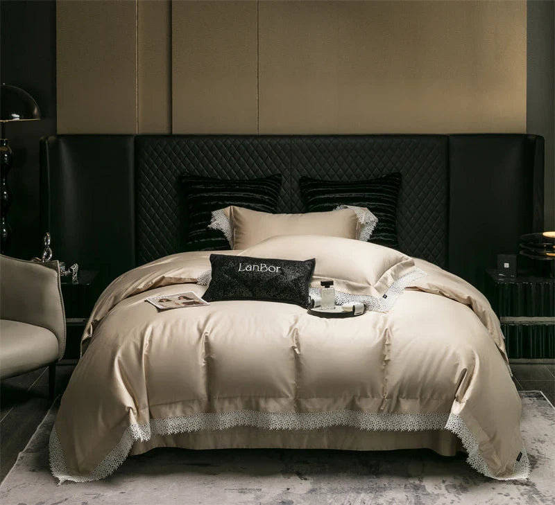 Afralia™ French Lace Edge Bedding Set, 1000TC Egyptian Cotton, Queen King, Duvet, Sheet, Pillowcases
