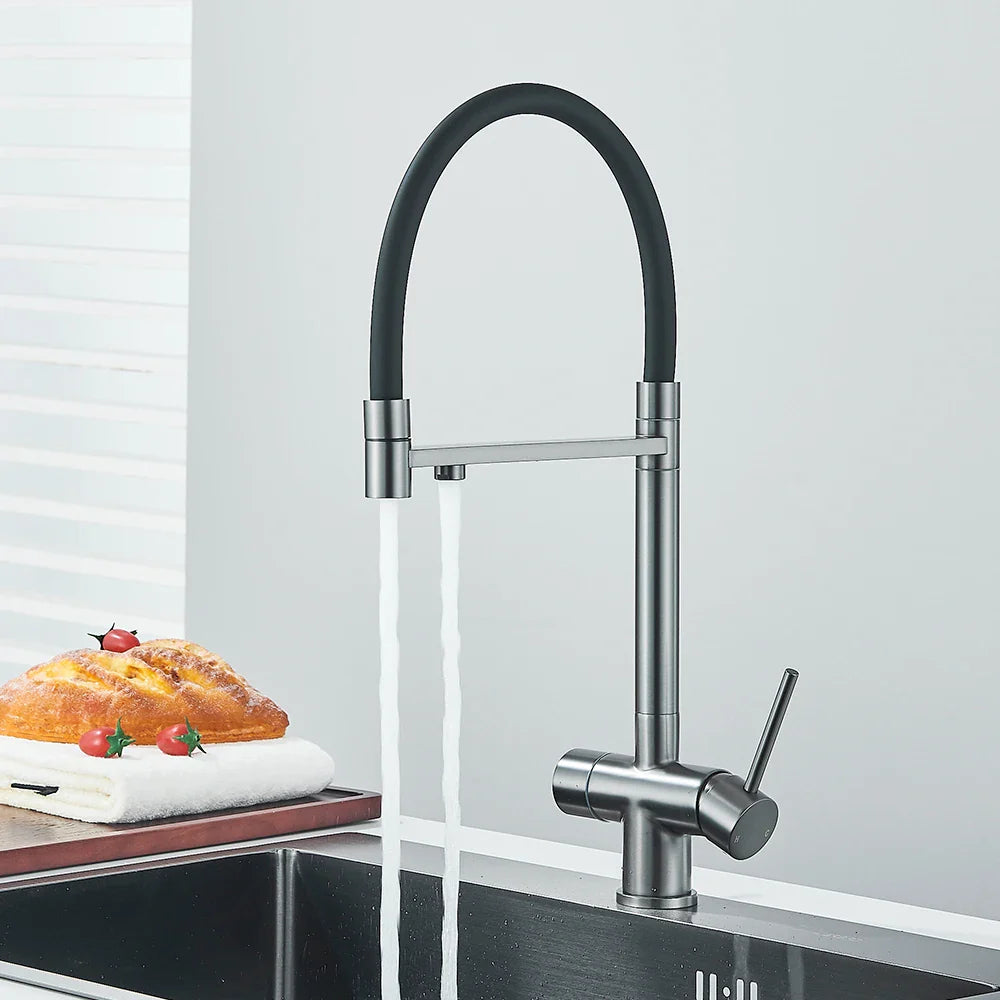 Afralia™ Gun Gray Filtered Kitchen Faucet - Dual Handle Pull Out Brass Sink Mixer