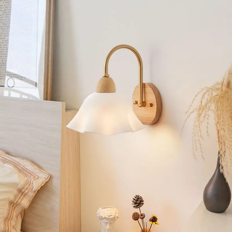 Afralia™ Cream LED Wooden Flower Wall Lamp, Modern Bedroom Bedside Reading Light