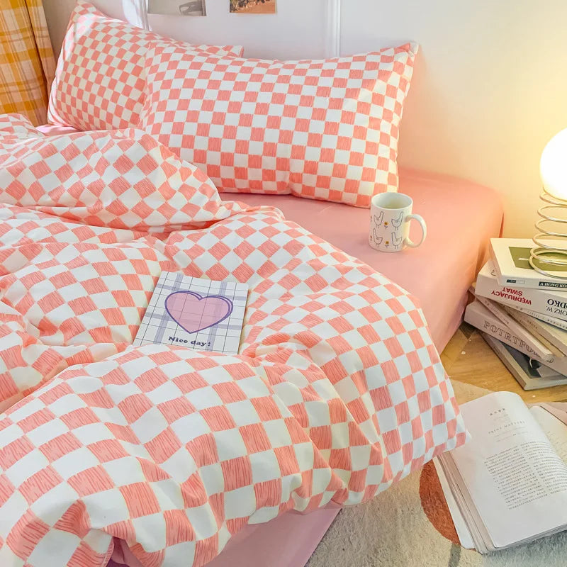 Afralia™ Nordic Checkerboard Pattern Washed Cotton Bedding Set for All-Season Comfort