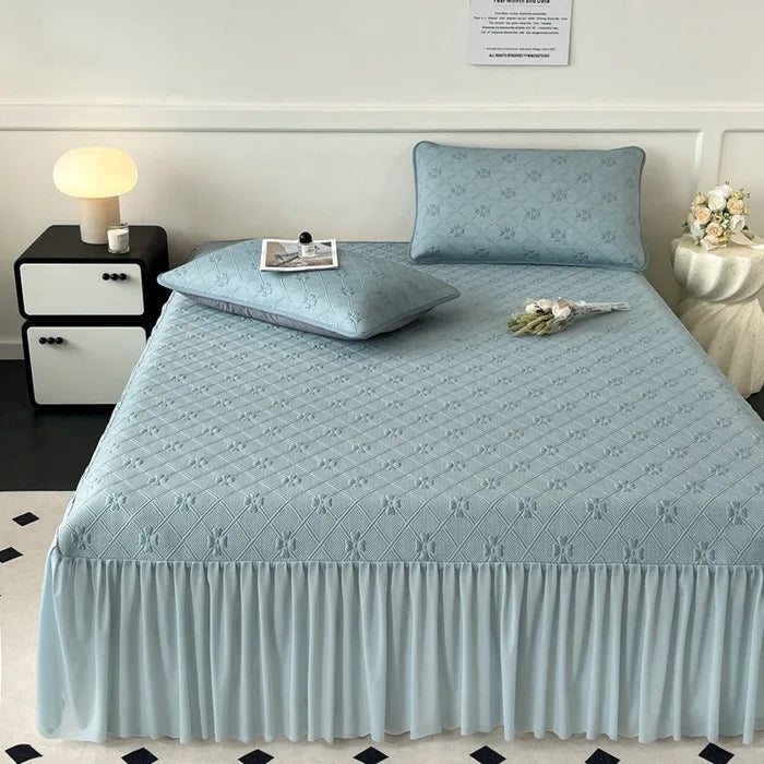 Afralia™ Ice Bean Jacquard Bed Skirt Set - 3 Piece, Summer Washed Mattress Mat