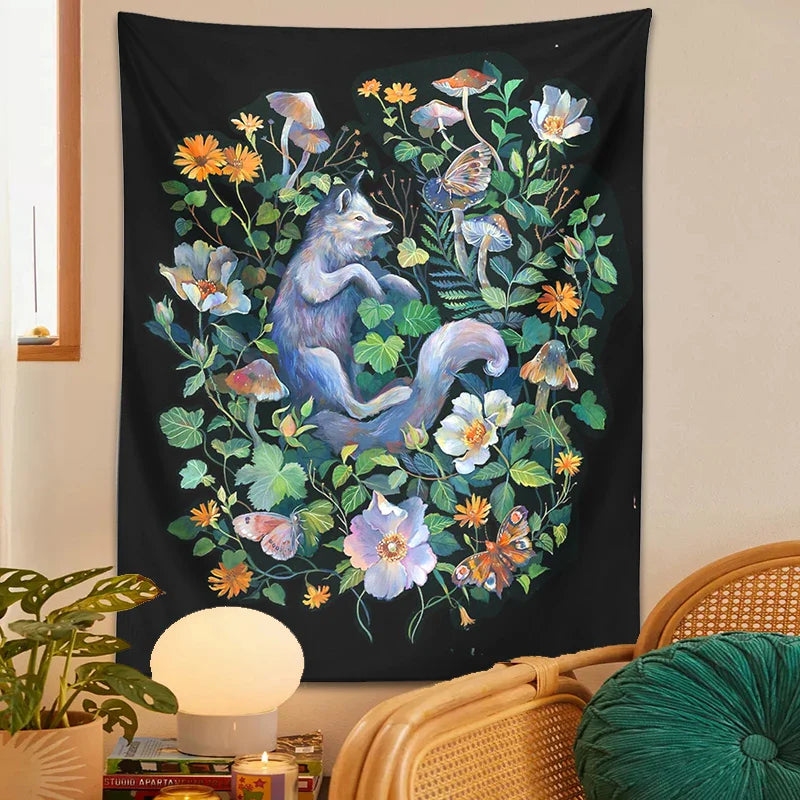 Afralia™ Botanical Floral Garden Tapestry Wall Hanging Fox Wildflower Hippie Psychedelic Home Decor