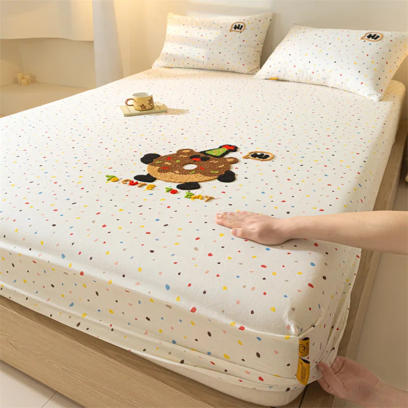Afralia™ Cartoon Embroidered Fitted Sheet Single Bed Cover, 100% Cotton, All Seasons, Anti-Slip
