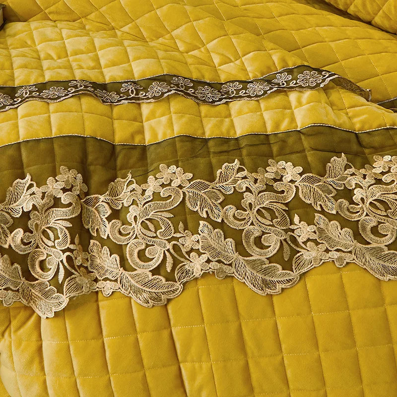 Afralia™ Black Gold Luxury Crystal Velvet Bedding Set with Quilted Embroidery & Ruffles