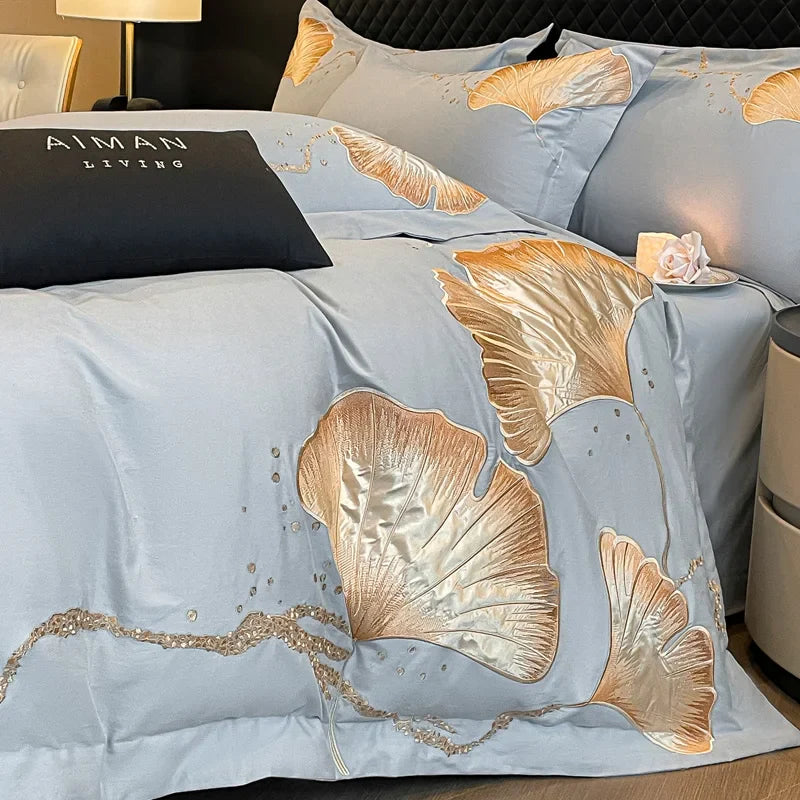 Afralia™ Gold Ginkgo Leaf Embroidery Bedding Set - 100% Cotton Luxury 4Pcs