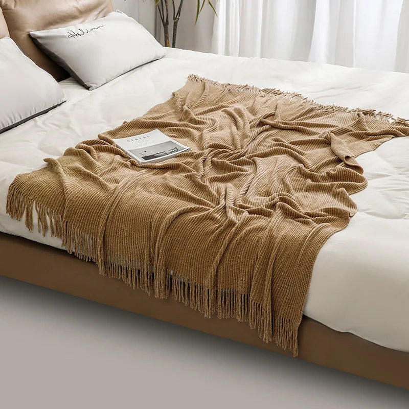 Afralia™ Nordic Chenille Knit Blanket - Soft Tassel Bed End Towel & Summer Cooling Sofa Cover