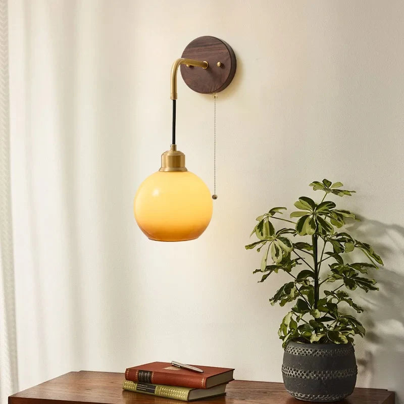 Afralia™ Wood LED Wall Lamp with Pull Chain Switch for Living Room, Dining Room, Bathroom