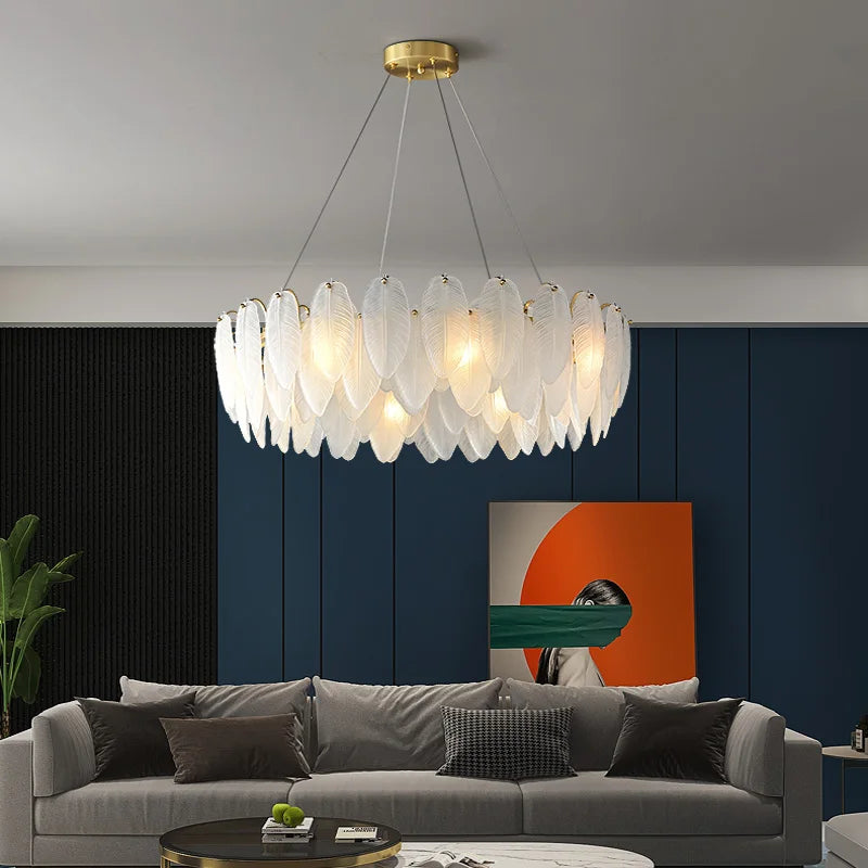 Afralia™ Gold Feather Chandelier LED Pendant Light for Home Decor