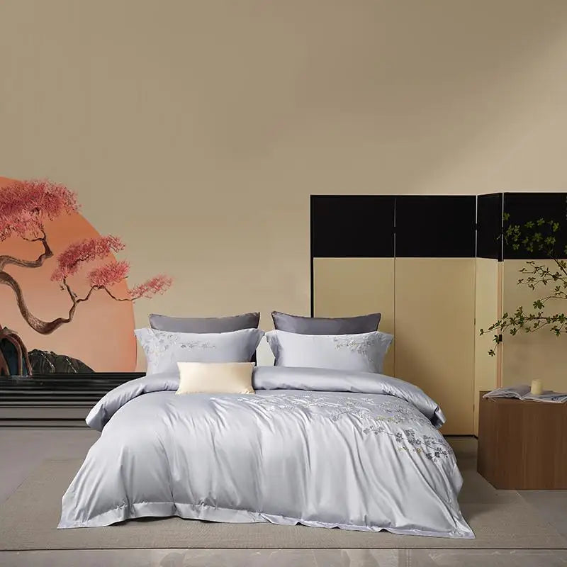 Afralia™ Egyptian Cotton Flowers Embroidery Bedding Set 6-Piece Home Textiles