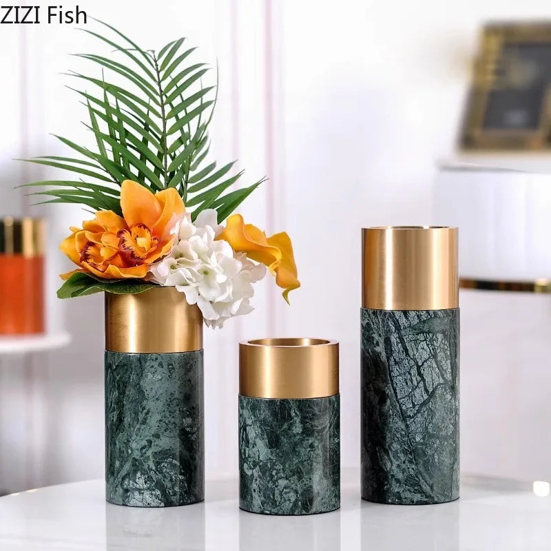 Marble Cylinder Vase by Afralia™ - Gold-plated Ceramic Desk Decor