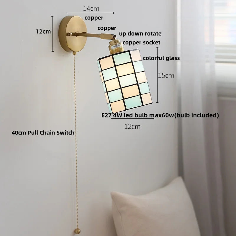 Afralia™ Rotatable Glass LED Wall Lamp with Copper Socket and Pull Chain Switch