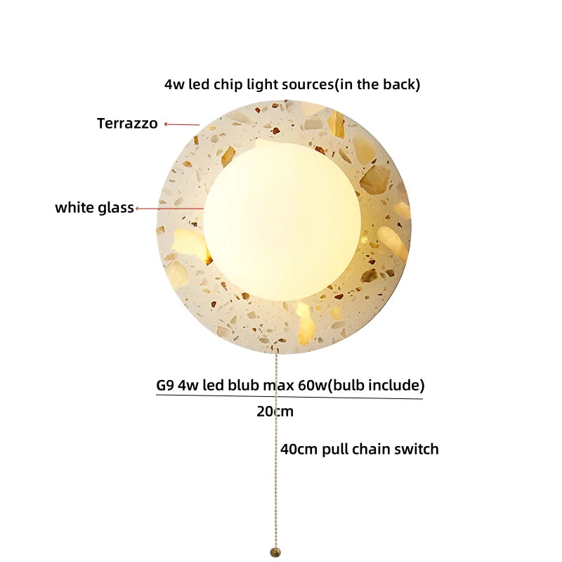Afralia™ Terrazzo Stone Glass LED Wall Light Fixture with Pull Chain Switch