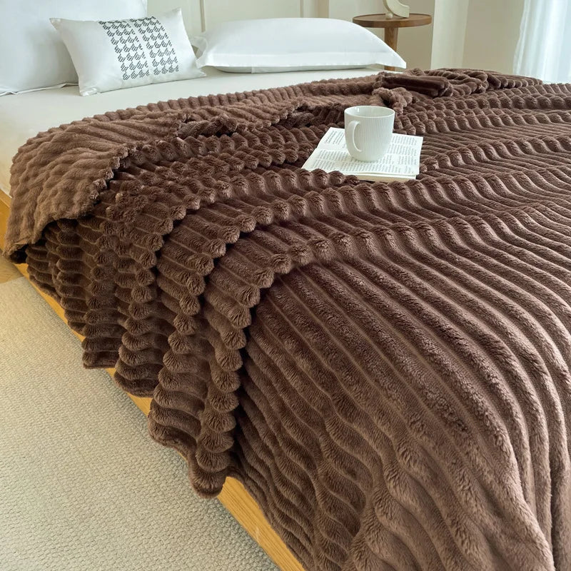 Afralia™ Faux Rabbit Plush Striped Blanket: Nordic Coral Velvet Carpet for Napping & Quilting.